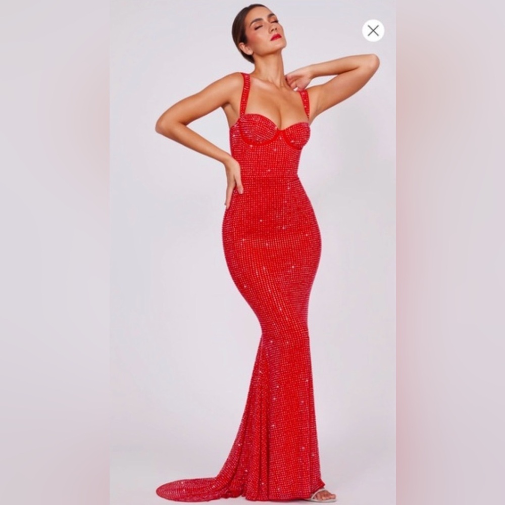 Red Crystal-Embellished Mermaid Evening Dress